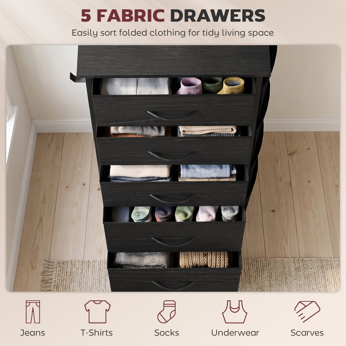 Homcom Chest Of Drawers With Five Fabric Drawers And Steel Frame Black