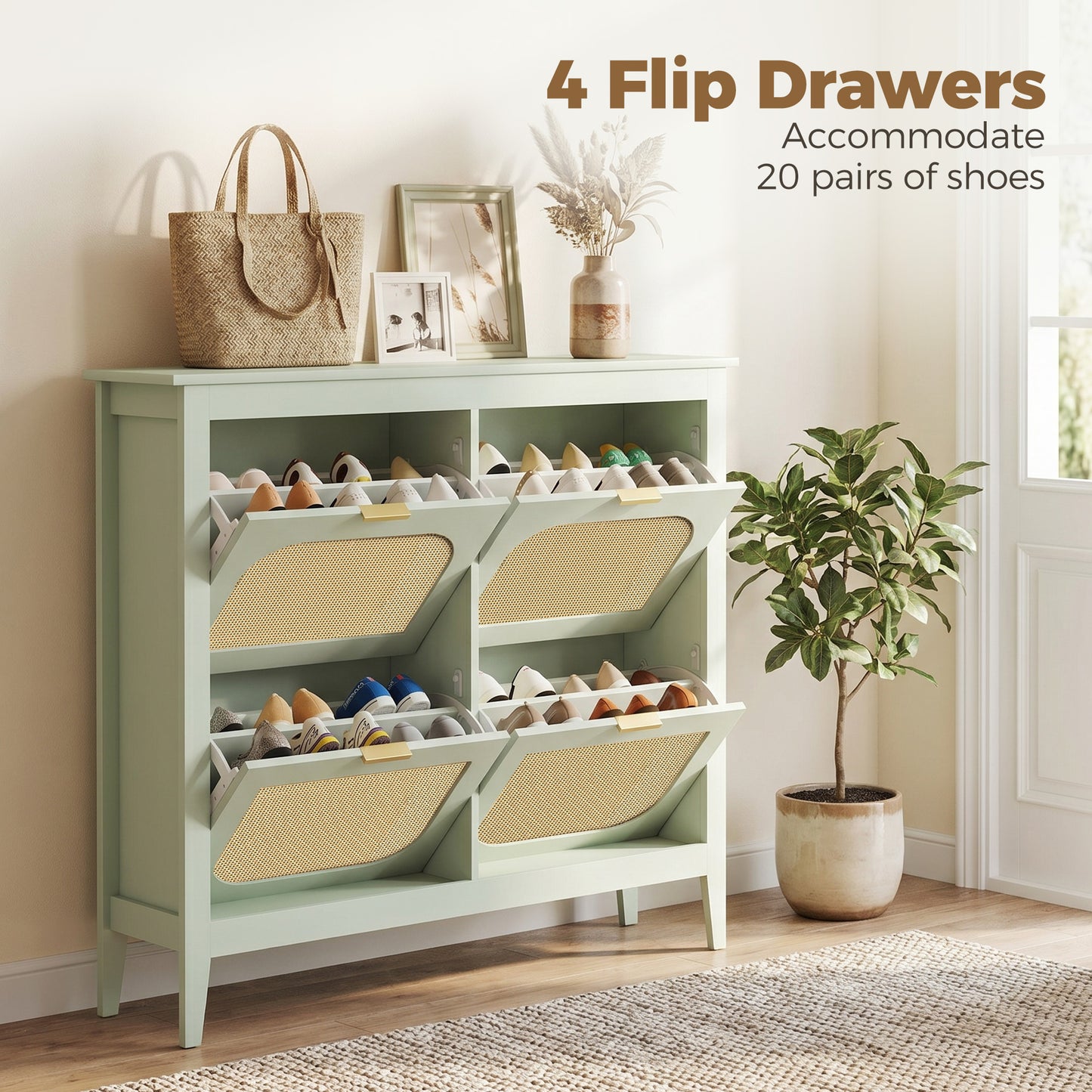 HOMCOM Narrow Boho Slim Shoe Cabinet With 4 Flip Drawers Holds 20 Pairs Light Green Entryway Organizer