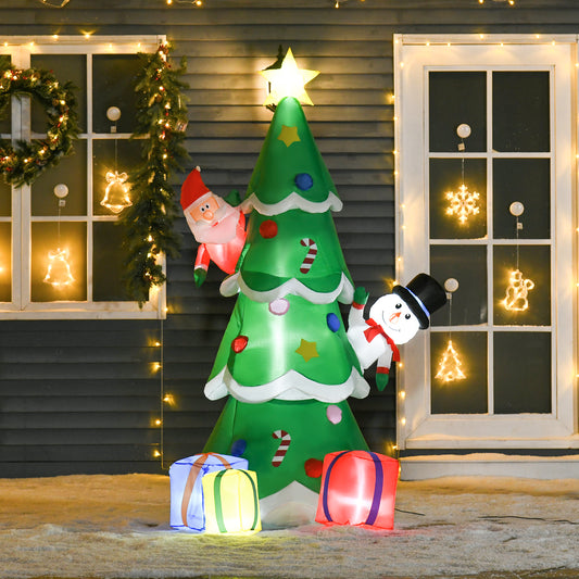 HOMCOM 7ft Inflatable Christmas Tree with Santa, Snowman, and Gift Box - LED Lighted Holiday Decoration for Indoor and Outdoor Use - ALL4U RETAILER LTD