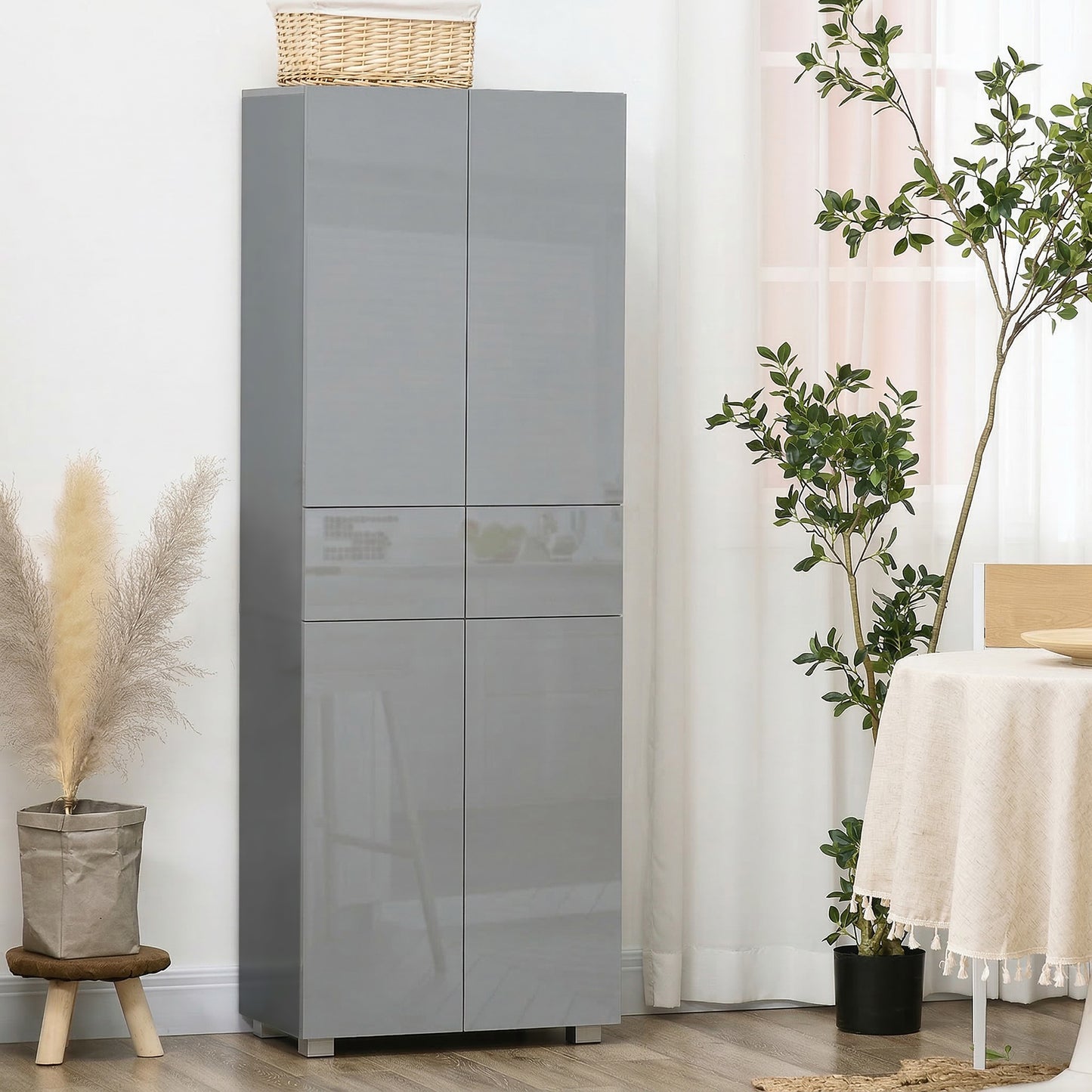 HOMCOM Storage Cabinet Kitchen Cupboard With 3 Adjustable Shelves High Gloss Grey 60L x 35W x 170H cm