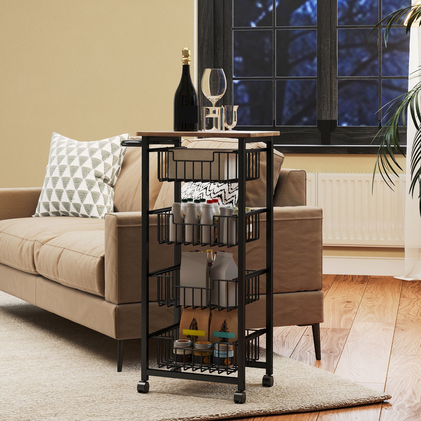 Homcom Four Basket Mobile Kitchen Island With Brakes Oak And Black Top For Extra Counter Space Kitchen Organization