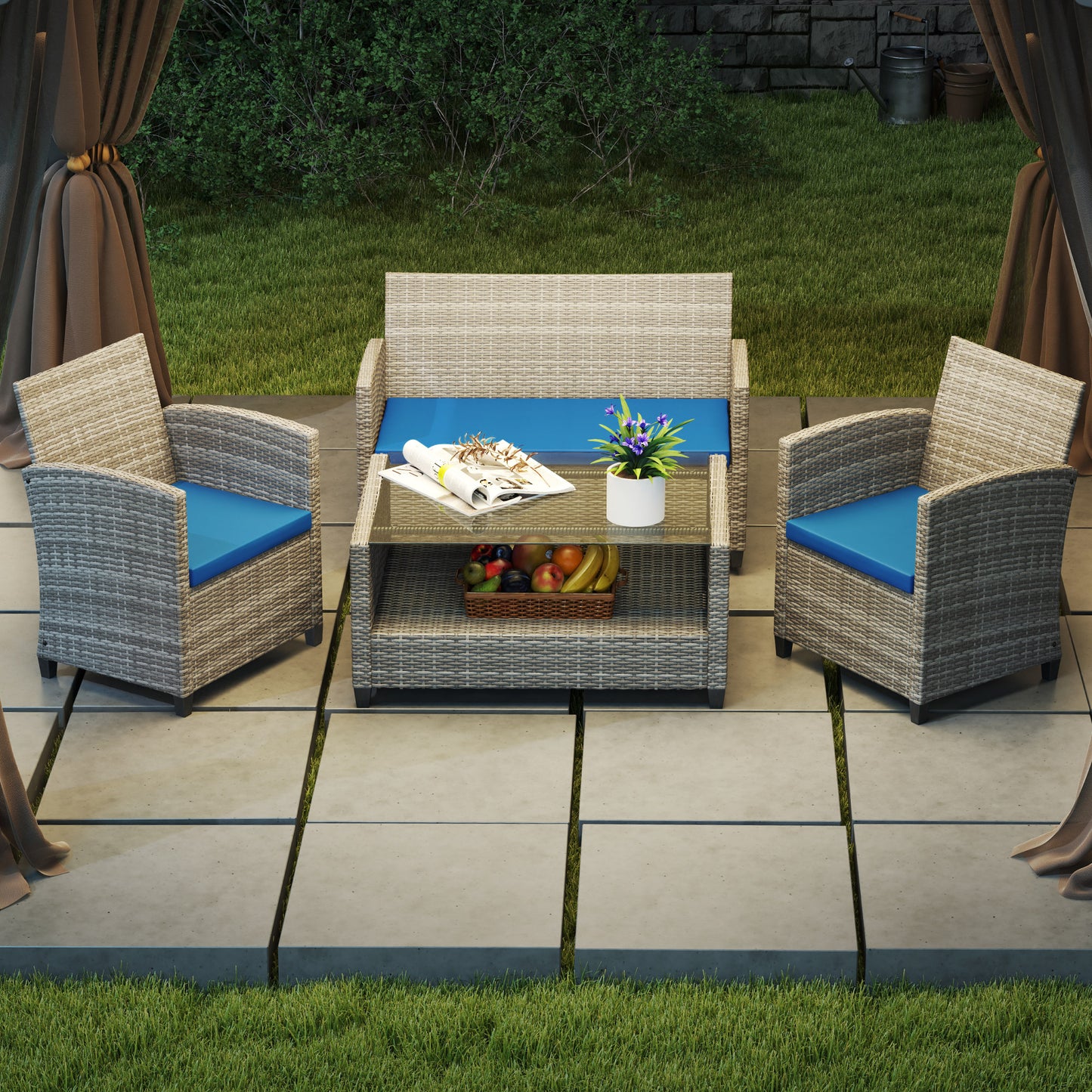 Outsunny Outdoor Seat Cushions for Rattan Furniture 3 Pack Sky Blue Cushions for Garden Set