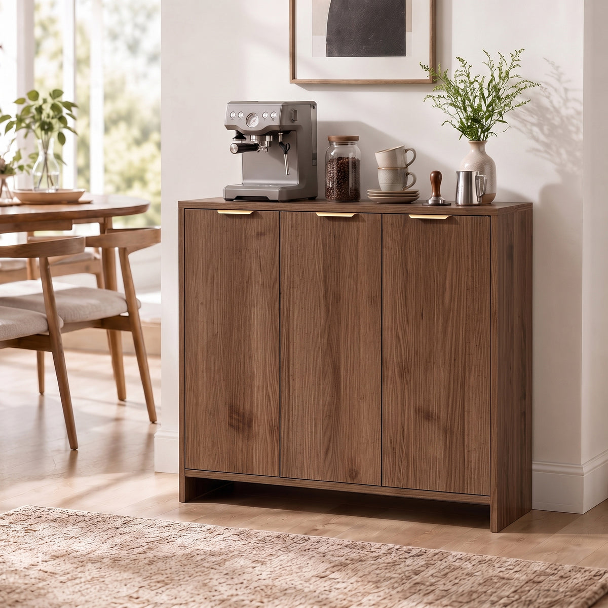 Brown sideboard cabinet with three doors, set up as kitchen storage