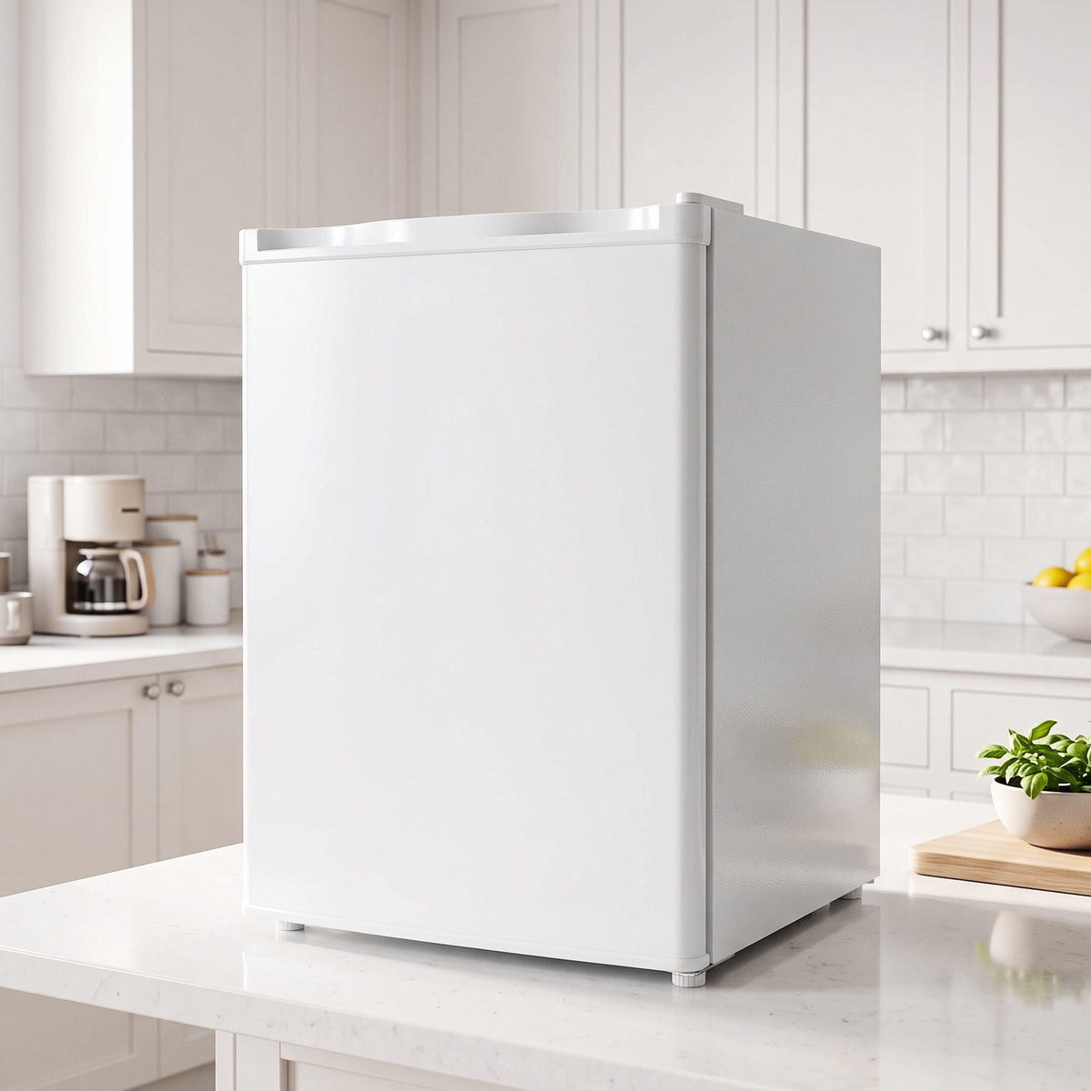 White mini fridge with chiller box on a countertop in a kitchen, door closed.
