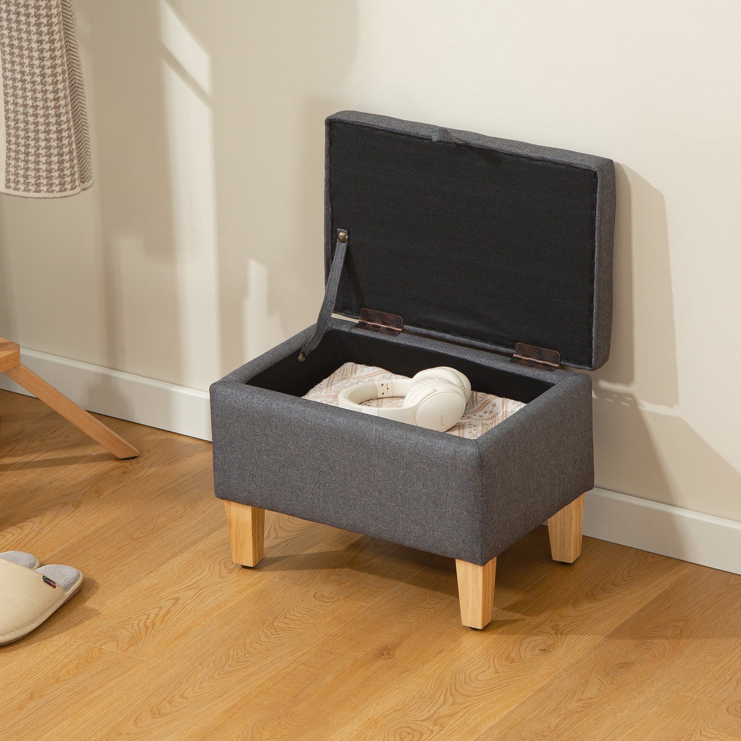 Homcom 16L Linen Storage Ottoman With Padded Seat And Rubberwood Legs Bed End Shoe Bench Charcoal Grey