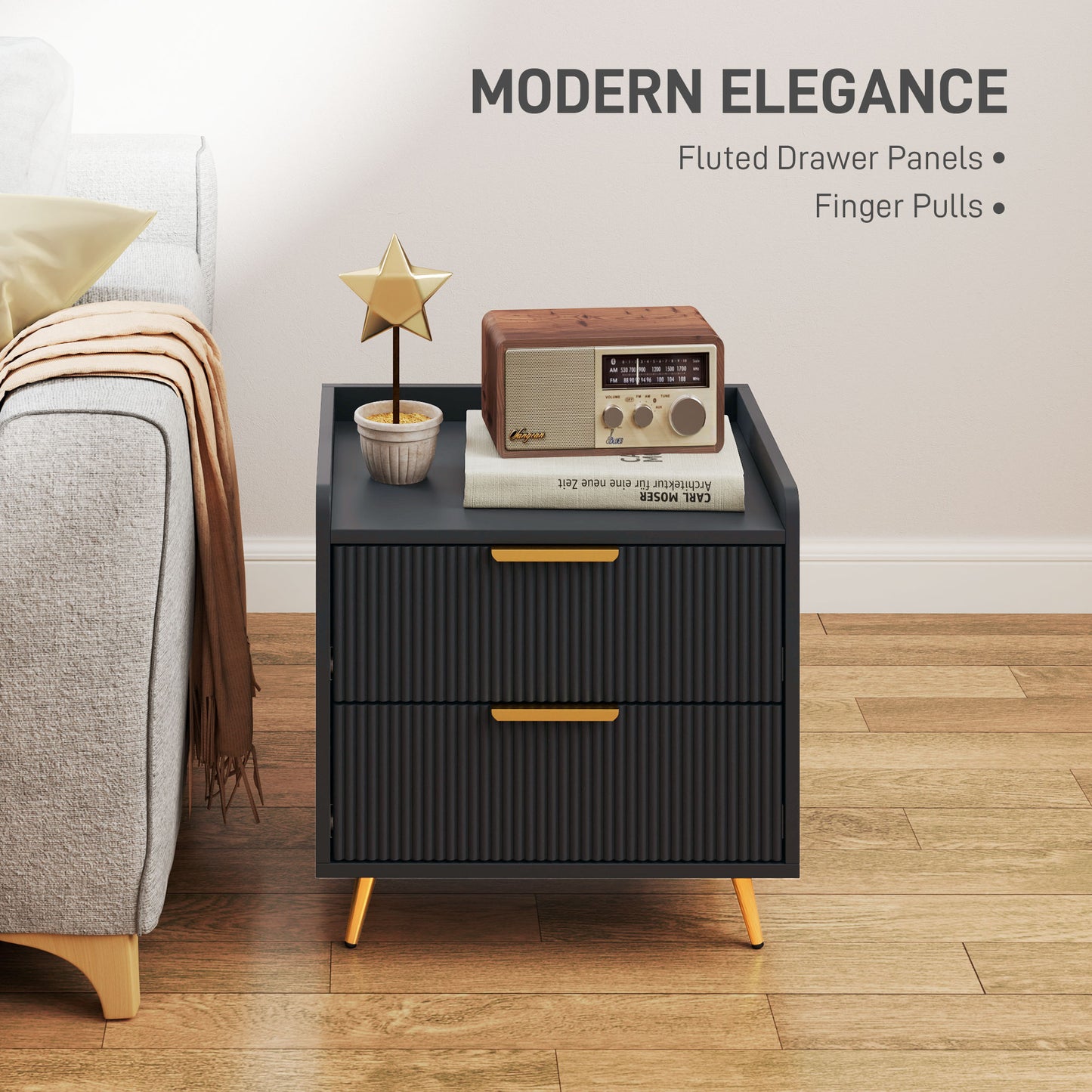 HOMCOM Black Two Drawer Bedside Table Nightstand With Ridged Fronts And Gold Handles