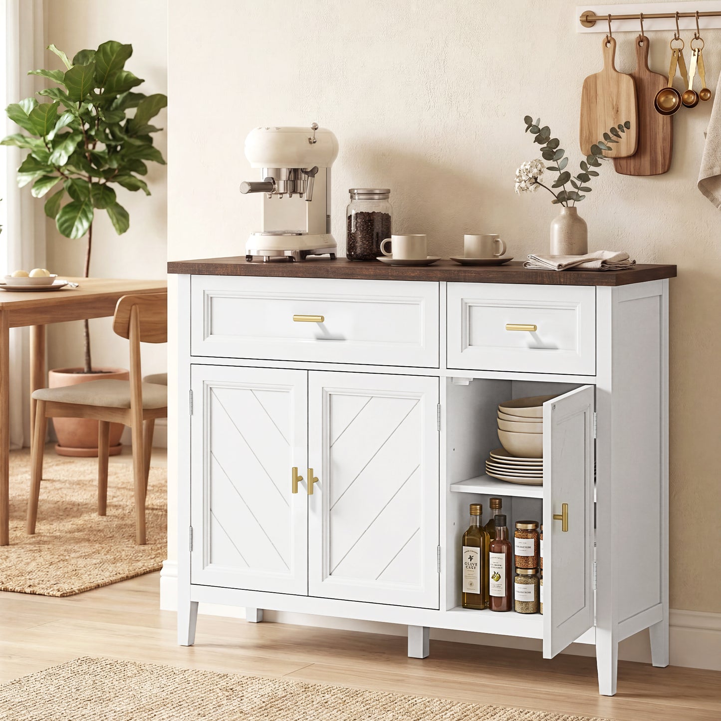 HOMCOM Modern White Sideboard With Three Doors Two Drawers And Adjustable Shelves For Storage