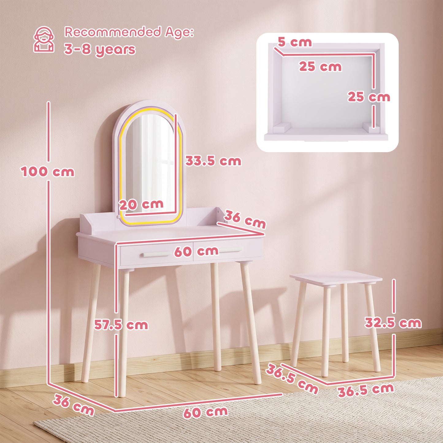 AIYAPLAY Kids Dressing Table And Stool Set With LED Mirror Three Colour Lights Pink For Ages 3 To 8