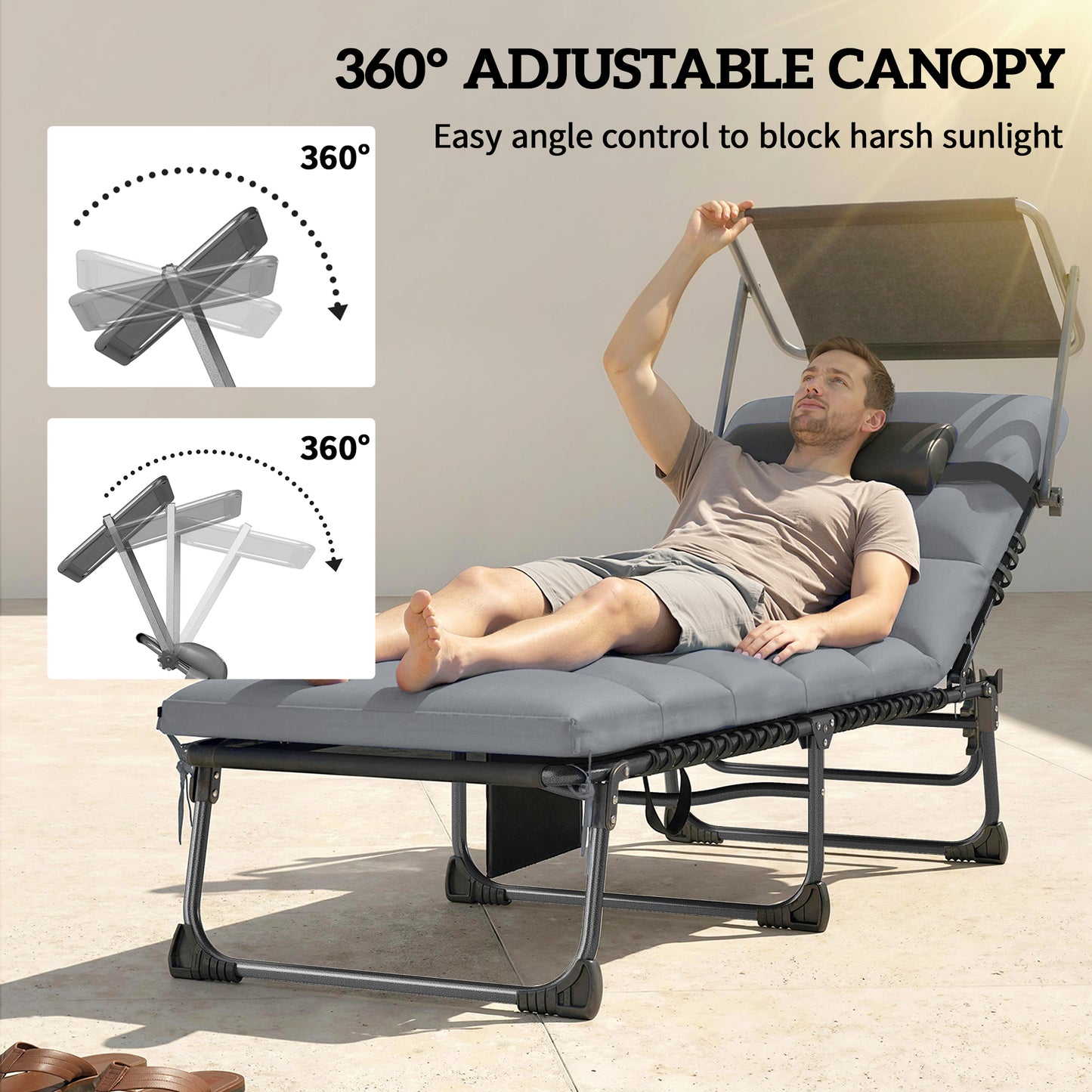 Outsunny Folding Sun Loungers Set Of 2 With Canopy Cushions Side Pocket And Carrying Handle Light Grey