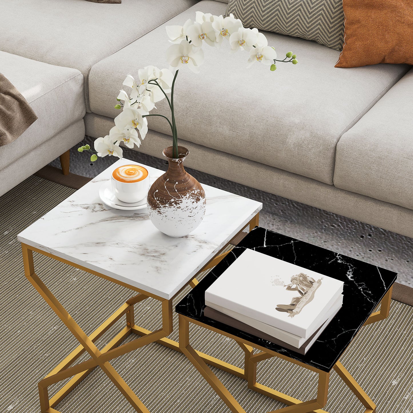 HOMCOM Marble Effect Nesting Tables Set Of Two With Gold Steel Legs For Space Saving
