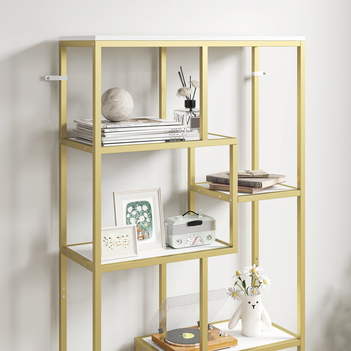 HOMCOM White And Gold Tone Seven Tier Geometric Bookcase With Sturdy Metal Frame