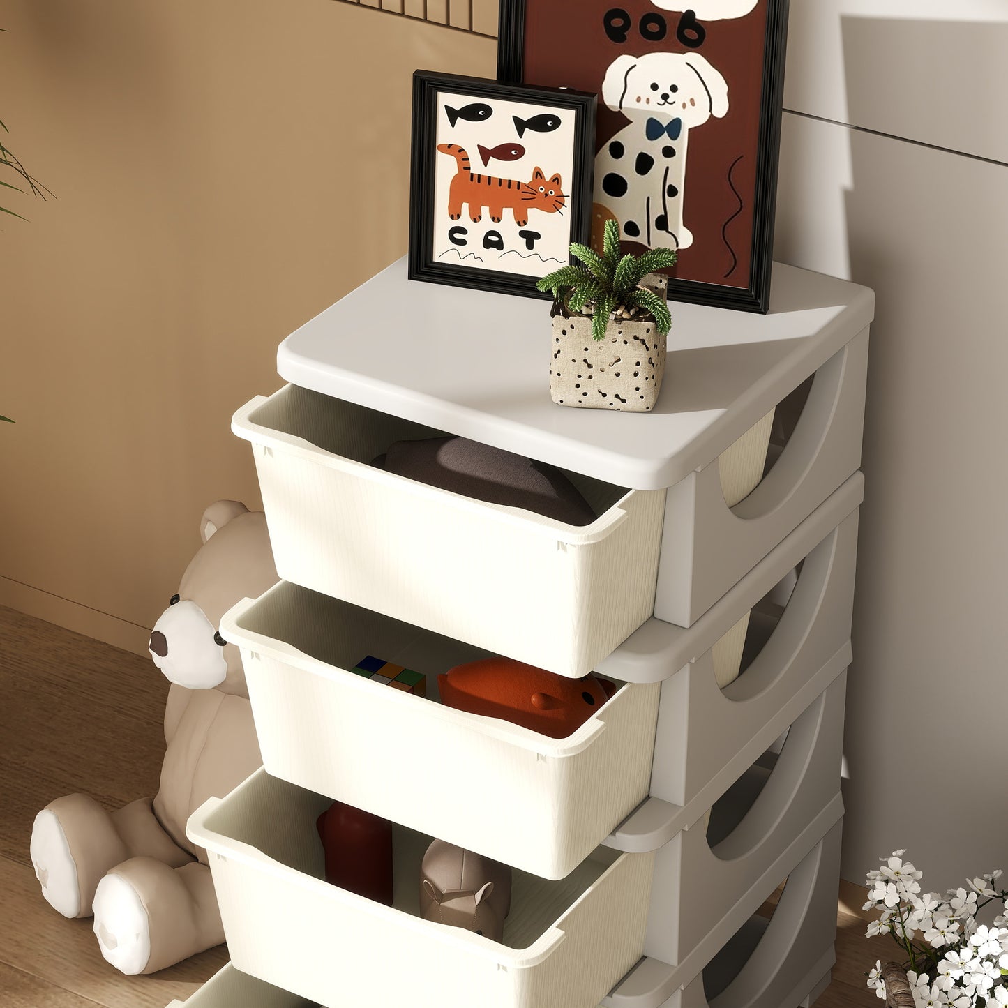 HOMCOM Four Tier Kids Storage Boxes With Four Drawers White PP Material Toy Organizer For Playroom