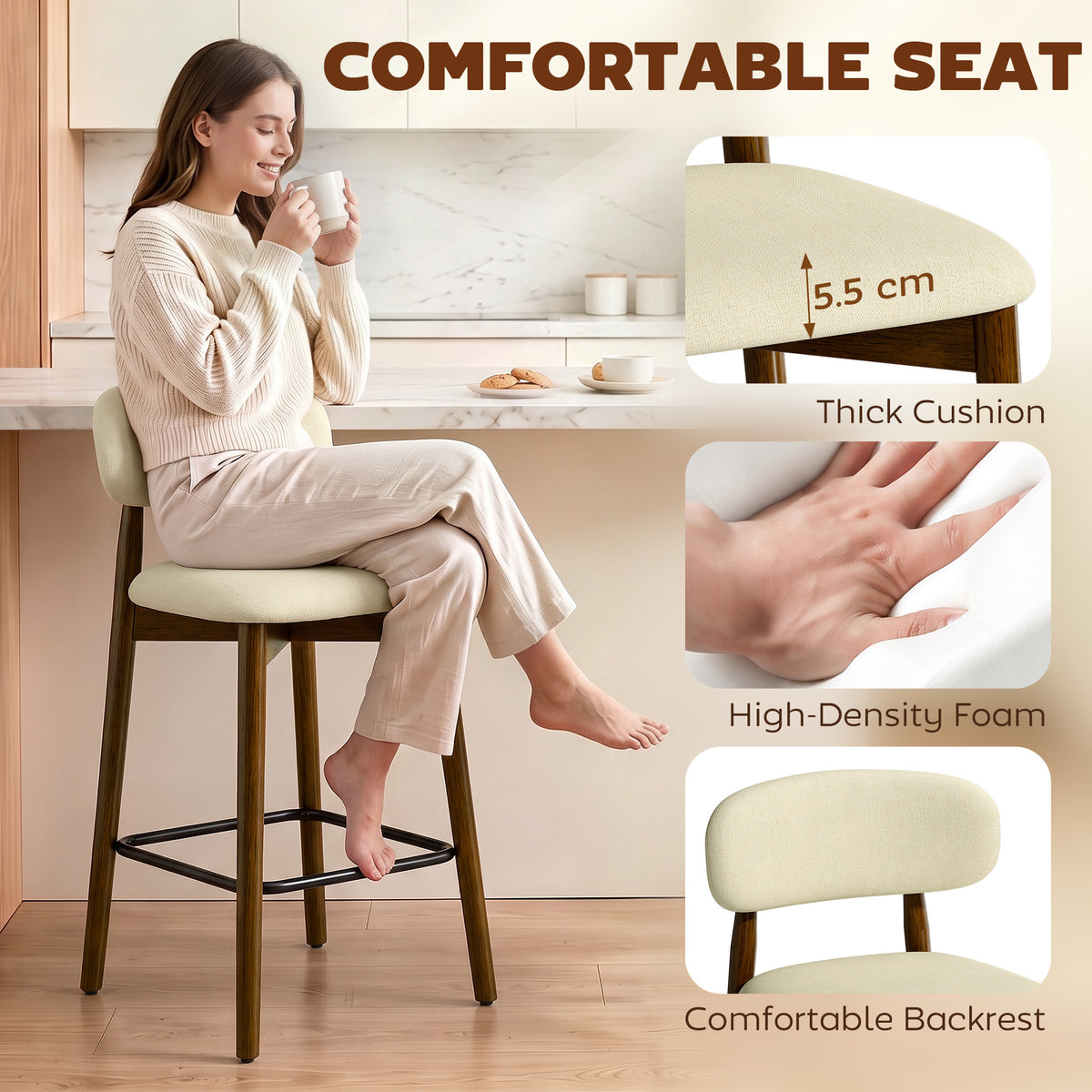 Beige bar stool with thick cushioned seat, curved backrest, and wooden legs