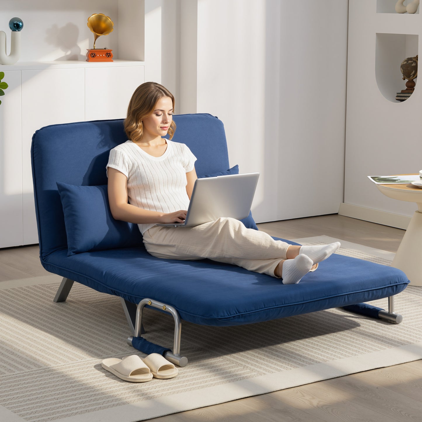 HOMCOM Two Seater Click Clack Sofa Bed Dark Blue With Adjustable Back And Plush Faux Suede Upholstery