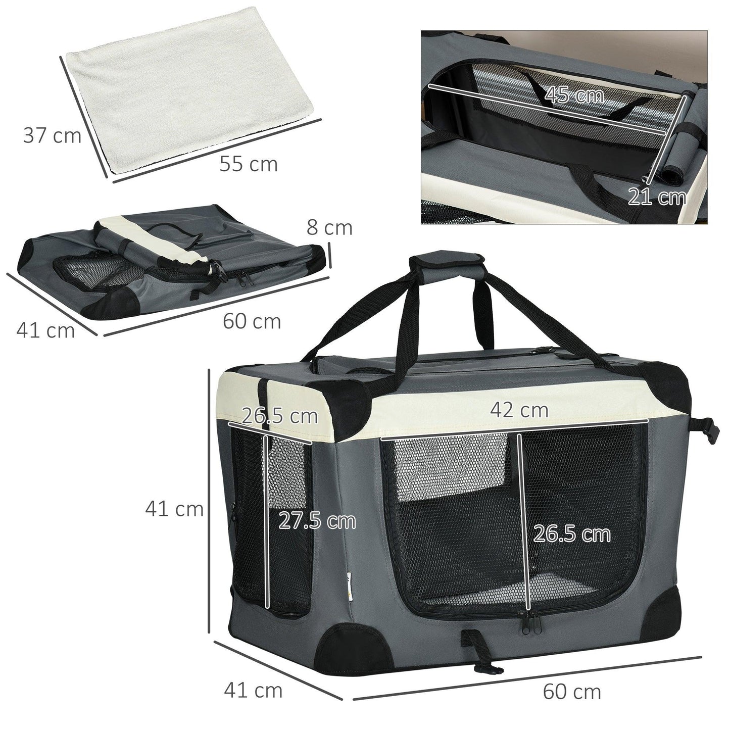 PawHut 60cm Foldable Pet Carrier Bag Soft Travel Dog Crate for Mini Dogs Grey - ALL4U RETAILER LTD