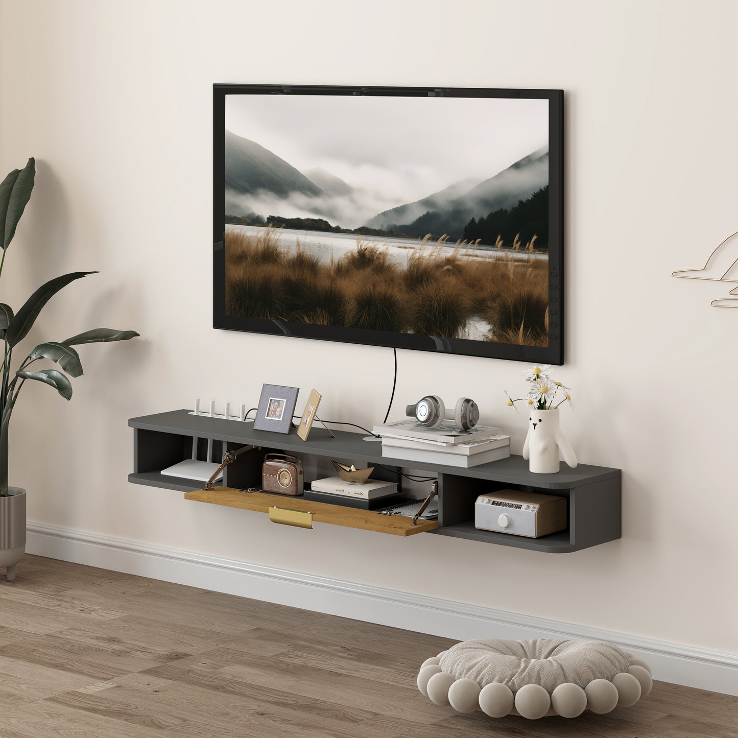 Homcom 140cm Floating Tv Stand With Storage Charcoal Wall Mounted Tv Cabinet Two Open Compartments And Cable Management