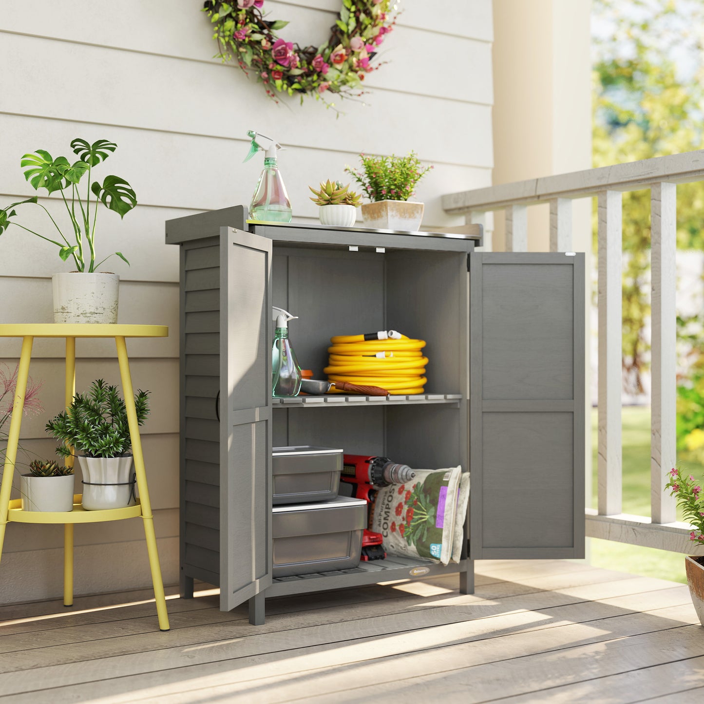Outsunny Wooden Garden Shed With Potting Table And Shelving For Tool Storage Side Hooks 71.5 x 39 x 95 cm Grey