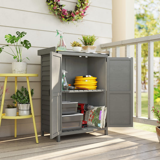 Outsunny Wooden Garden Shed With Potting Table And Shelving For Tool Storage Side Hooks 71.5 x 39 x 95 cm Grey