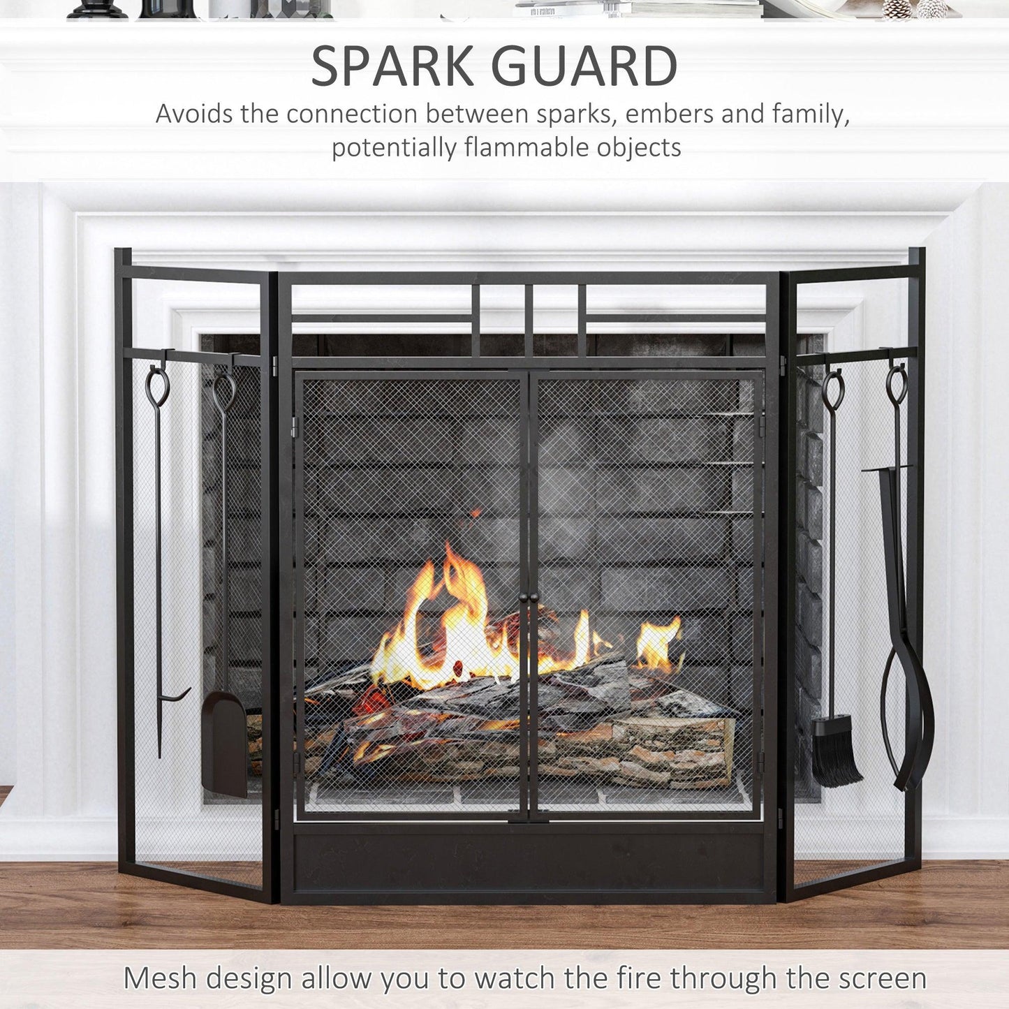 HOMCOM Black Steel Fireplace Screen with Double Door and Mesh Design - 122x80cm - ALL4U RETAILER LTD