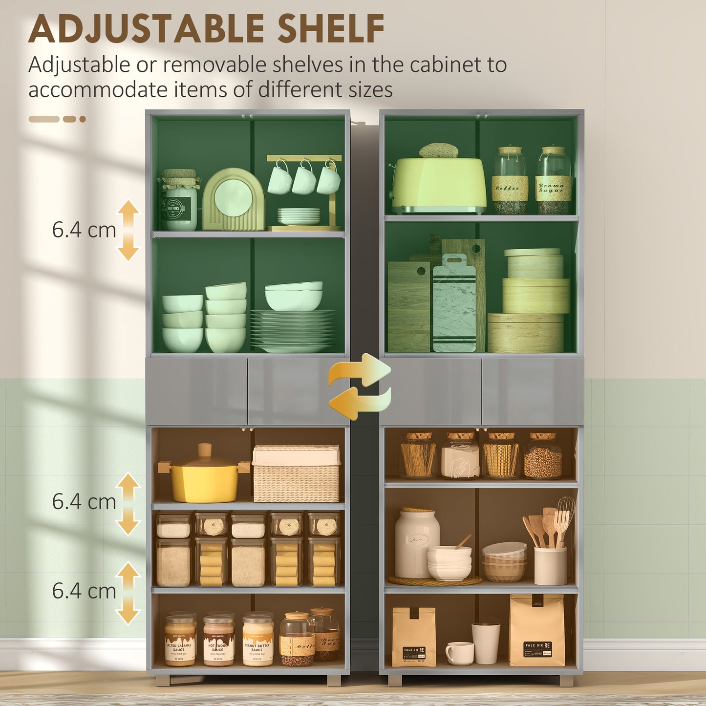 HOMCOM Storage Cabinet Kitchen Cupboard With 3 Adjustable Shelves High Gloss Grey 60L x 35W x 170H cm