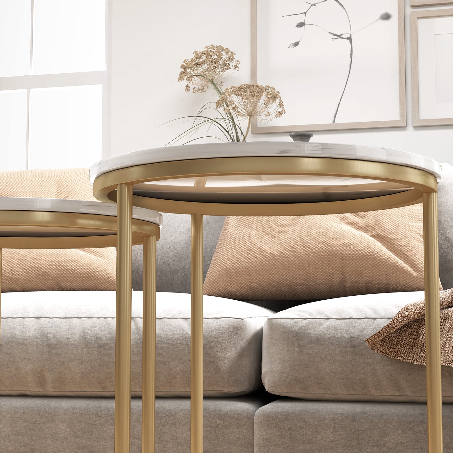 HOMCOM Marble Effect Nesting Tables Set Of Two White And Gold Tone Finish Perfect For Living Room And Hallway