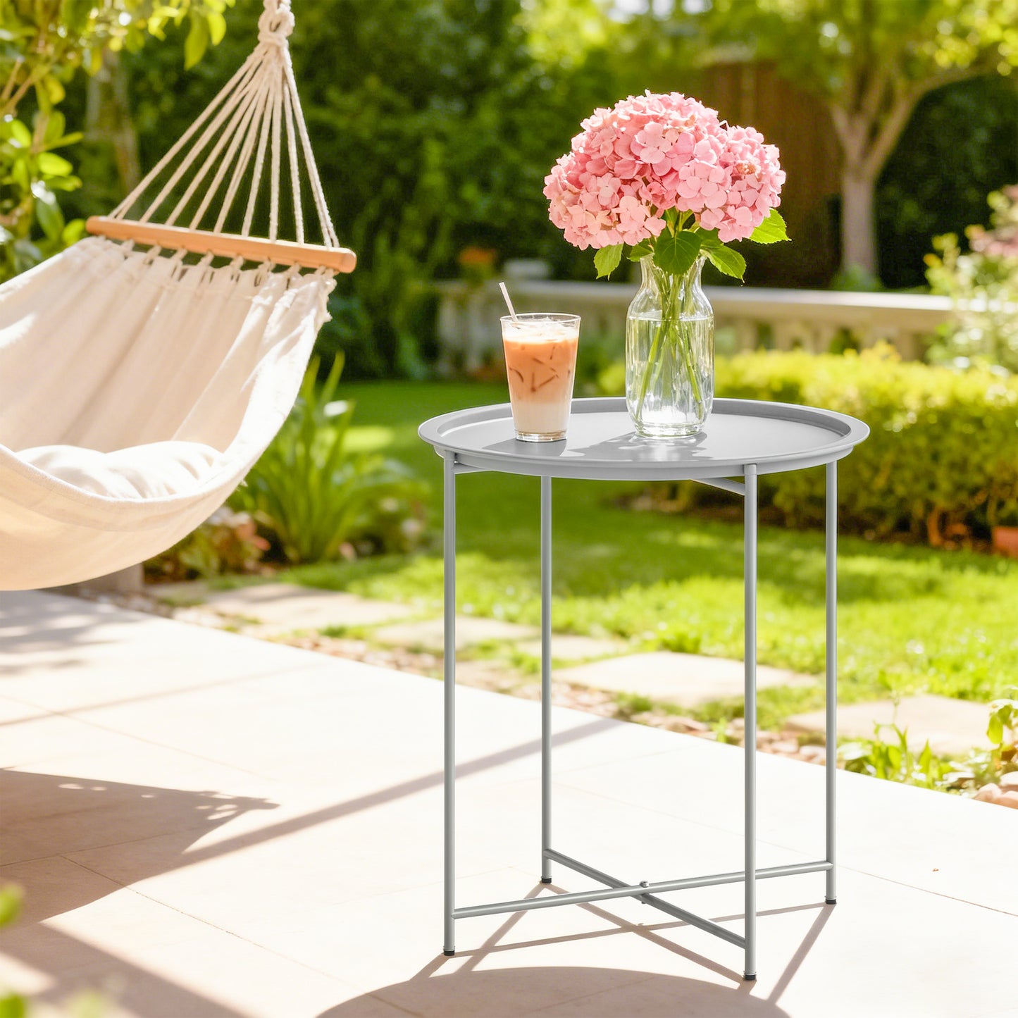 Outsunny Steel Removable Tray Top Garden Table with Folding Legs White Outdoor Coffee Table