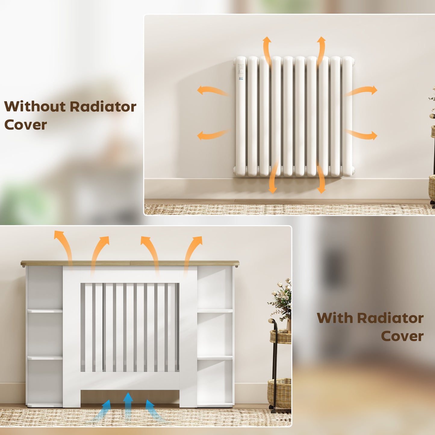 HOMCOM Radiator Cover With Open Storage Shelves Vertical Slatted Cabinet Heater Cover Medium White Living Room Hallway