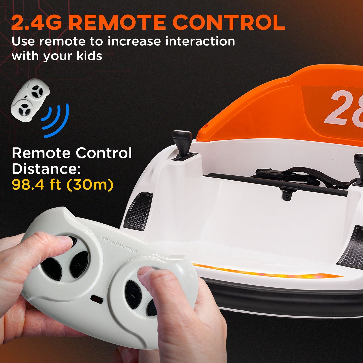 AIYAPLAY Vibrant Orange 360° Rotating Kids Bumper Car with Remote Control, Joysticks, Music & Lights - Perfect for Outdoor Fun!