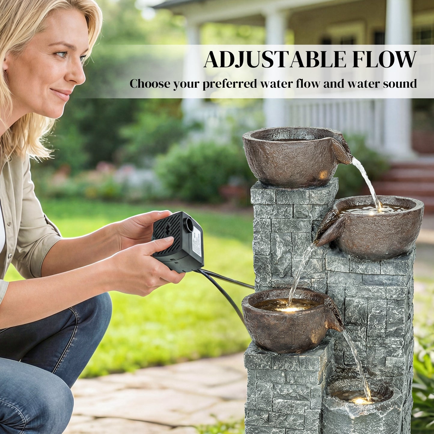 Outsunny 4-Tier Outdoor Fountain With Cascading Waterfall LED Lights Adjustable Flow Grey And Rustic Brown