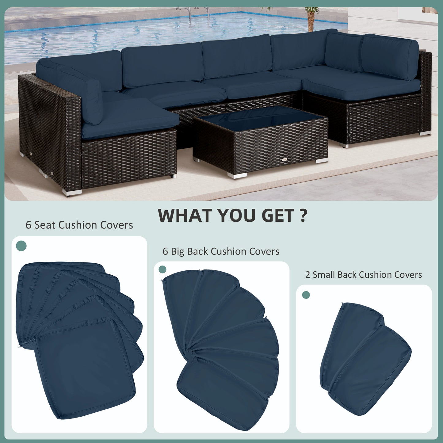 Outsunny 14 Piece Mixed Cushion Cover Set Outdoor Blue For Seat And Back Cushions With Zippers