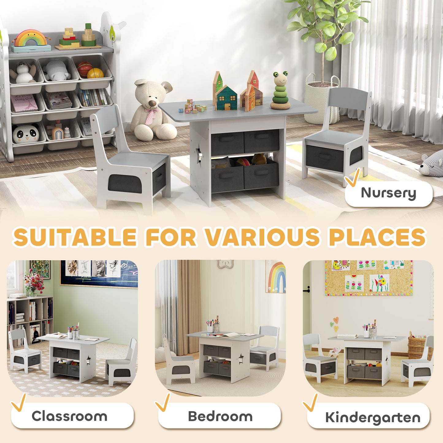 AIYAPLAY Kids Table and Chair Set With Six Removable Drawers for Boys and Girls Ages Three to Eight Light Grey