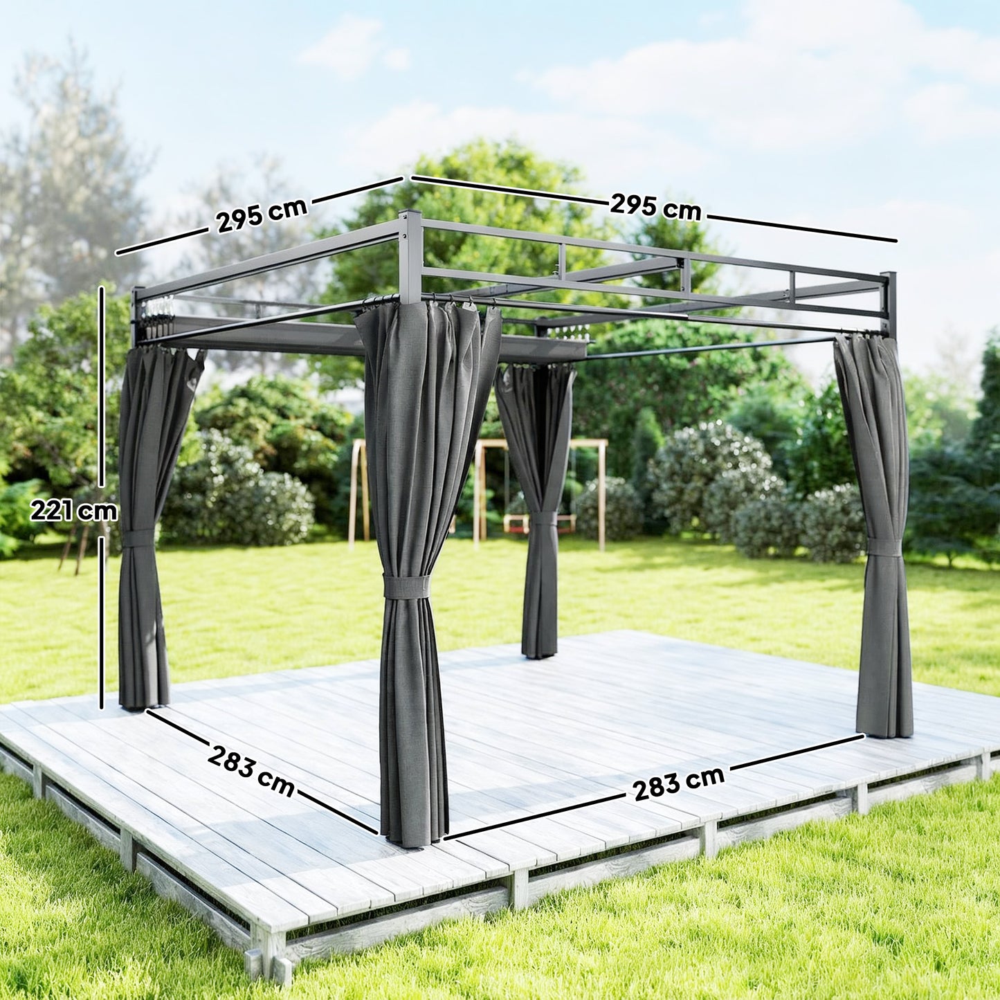 Outsunny 3x3 m Pergola With Retractable Roof Canopy And Curtains UPF30+ Metal Frame Garden Gazebo Sun Shade Dark Grey