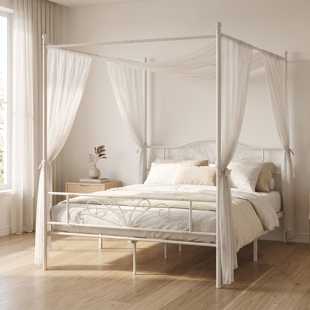 Homcom King Canopy Bed Frame Metal Platform White Steel Headboard Storage