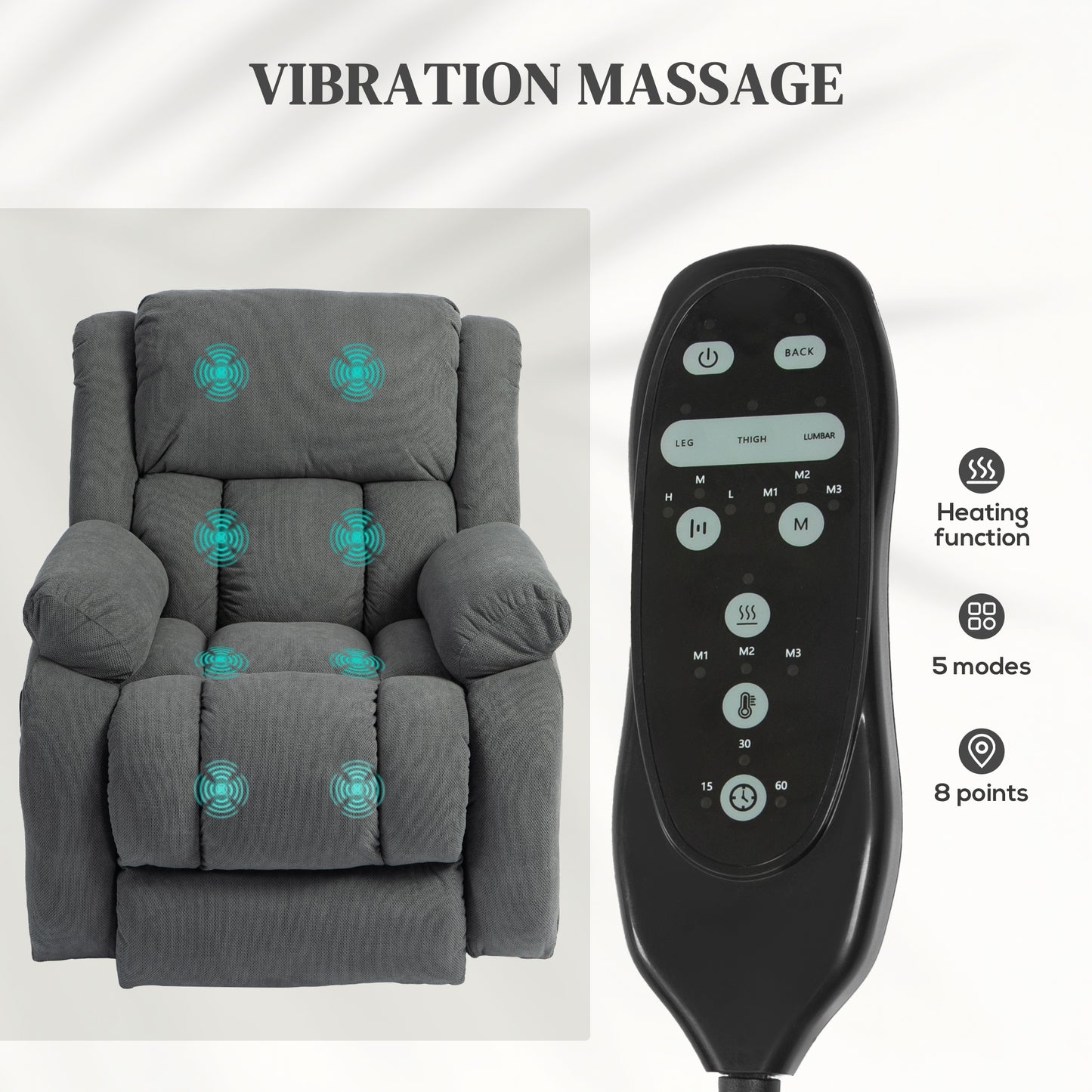 HOMCOM Electric Recliner Armchair Lift Chair With Vibration Massage And Heat USB Port Grey Wide Seat