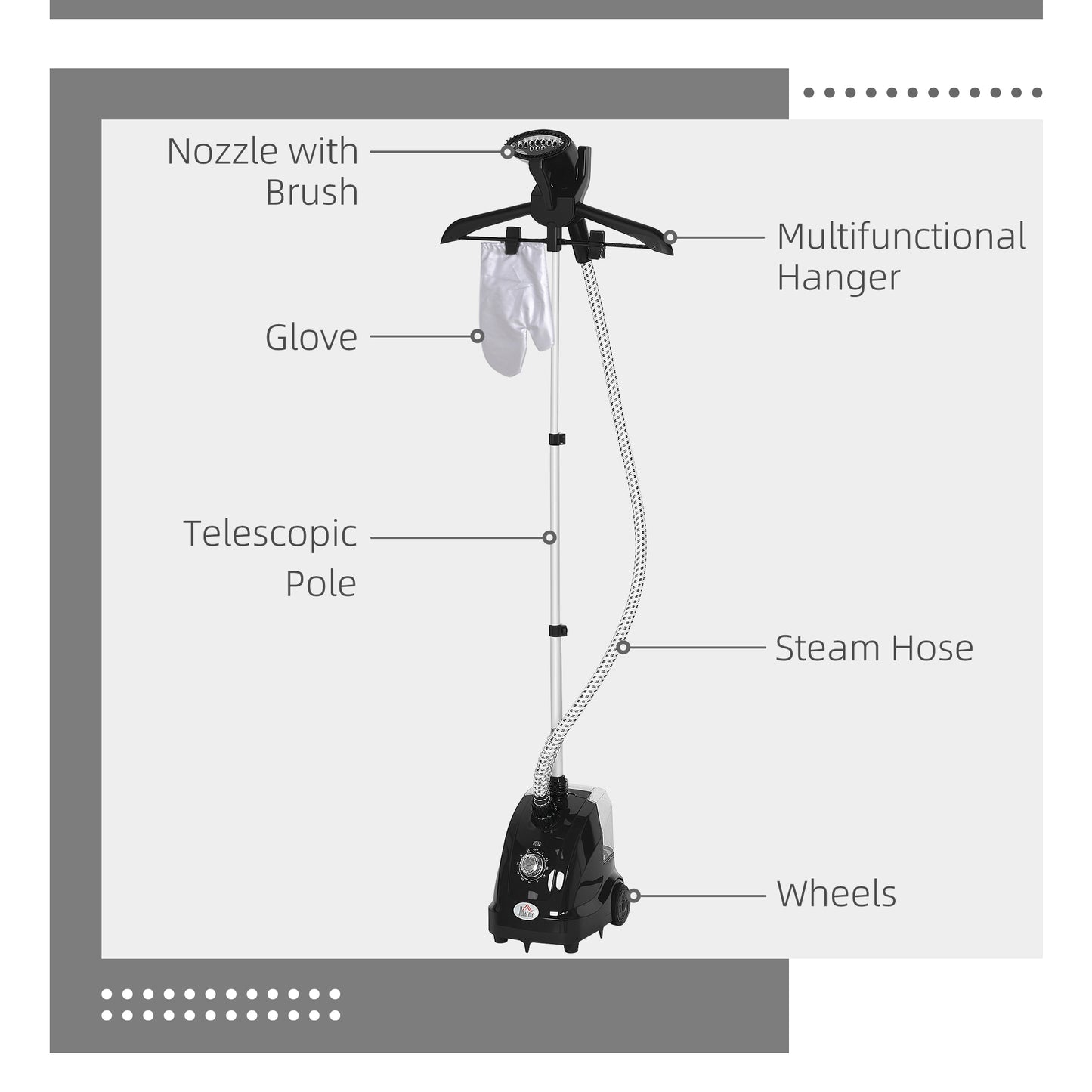 HOMCOM Clothes Steamer With Adjustable Pole Height 41 To 110 Cm And 11 Steam Levels Powerful 1950W Heater Black