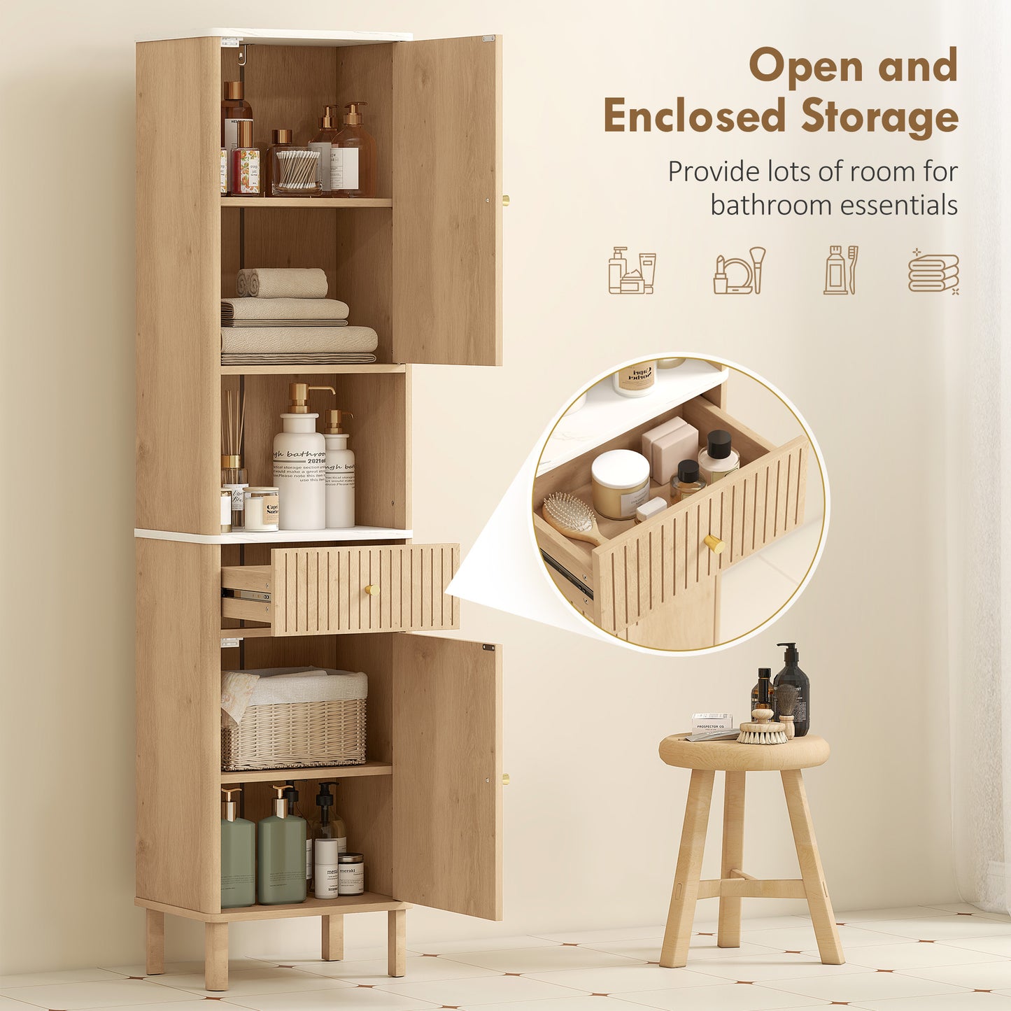 HOMCOM Slim Bathroom Cabinet With Silent Drawer Rail In Wood Finish For Scandinavian Japanese Adjustable Shelves