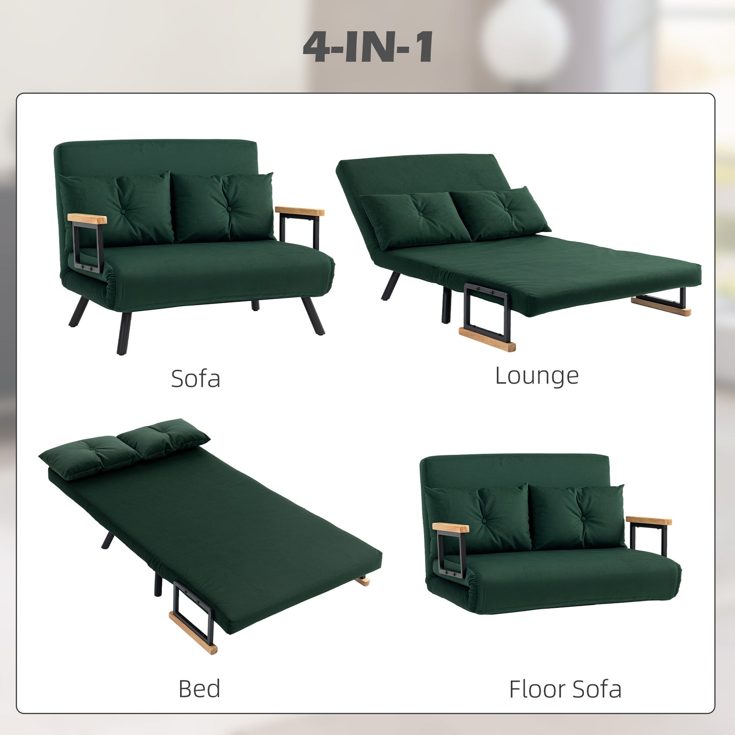 HOMCOM 4 In 1 Velvet Feel Double Sofa Bed With Pillows Green Ideal For Daily Use And Guests