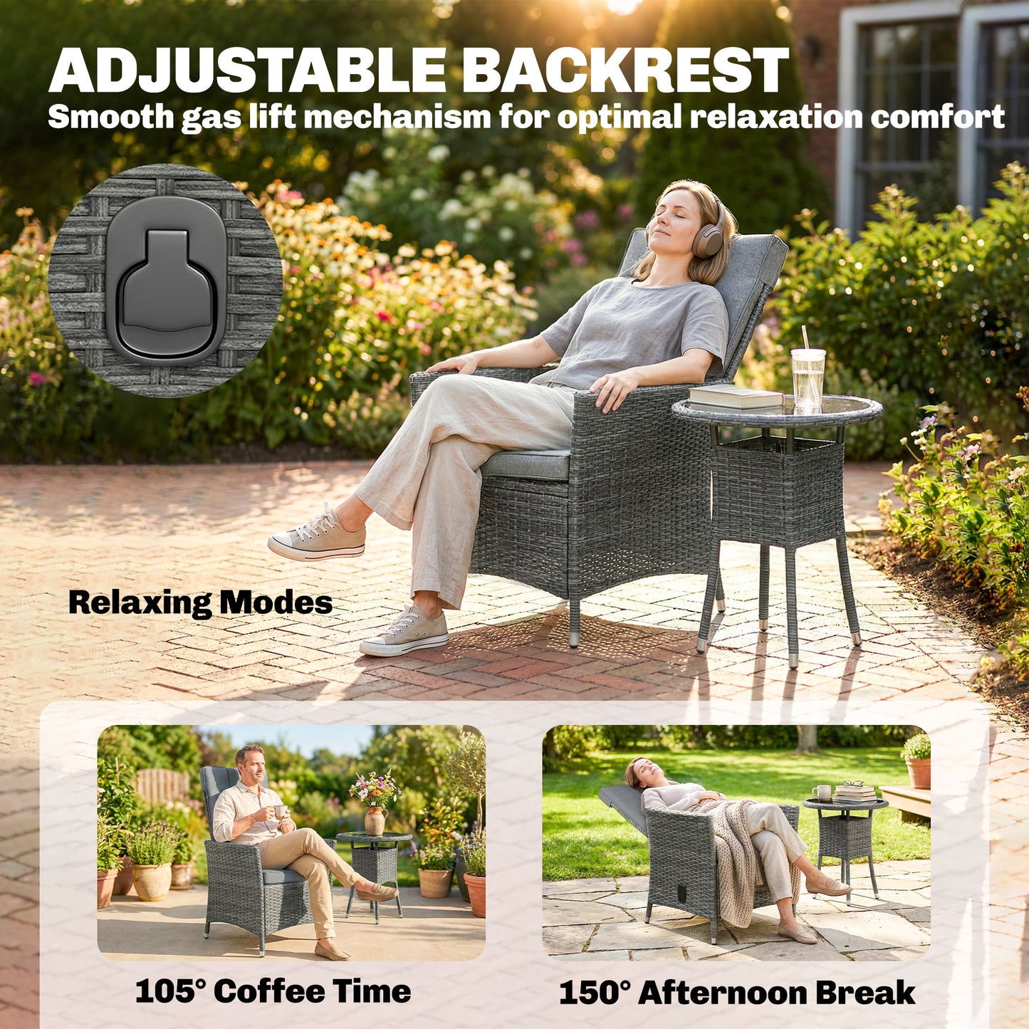 Outsunny Rattan Bistro Set Reclining Garden Chairs And Glass Coffee Table With Cushions For Patio Balcony Porch Grey