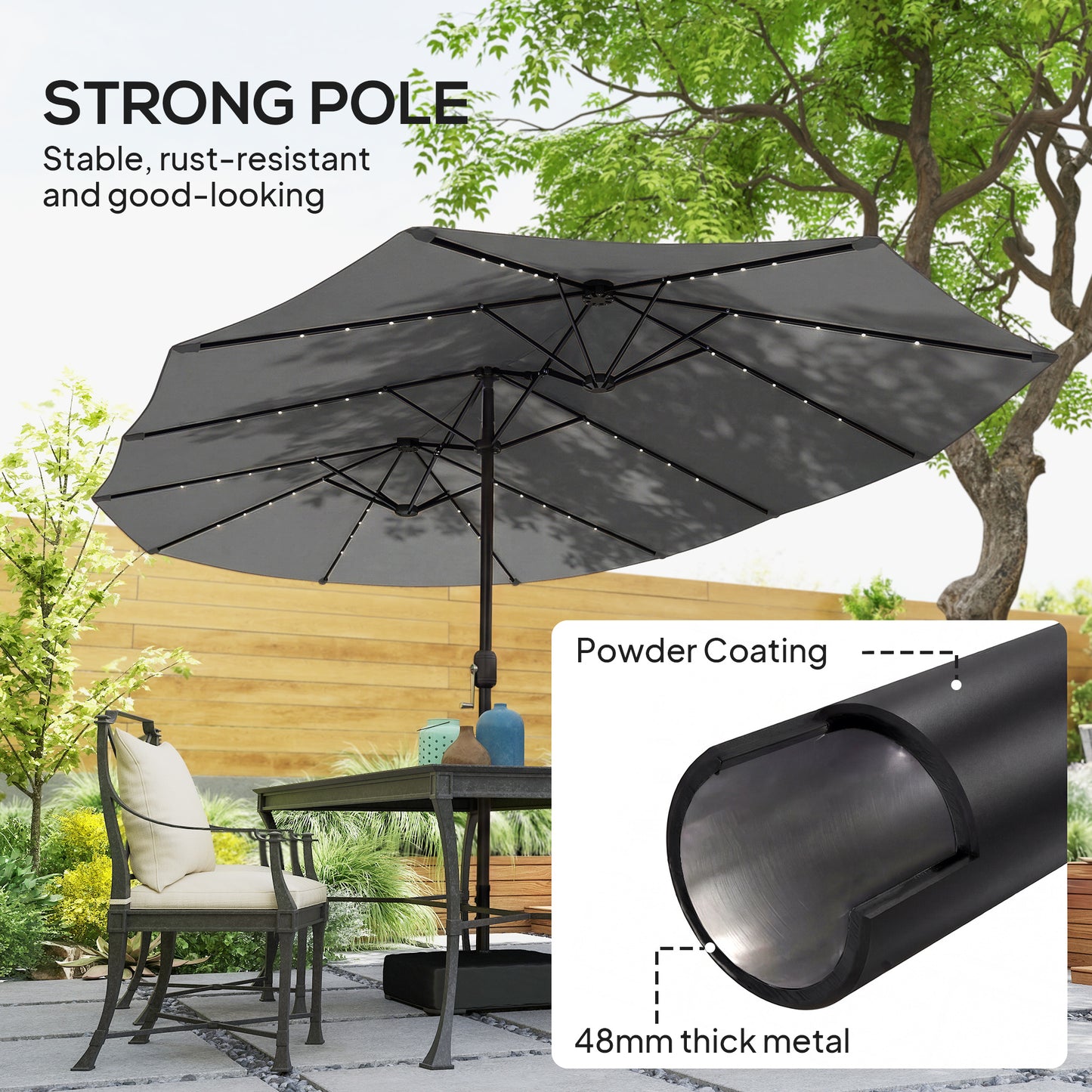 Outsunny Double Sided Patio Umbrella With Solar Lights Base Premium Grey Outdoor Shade