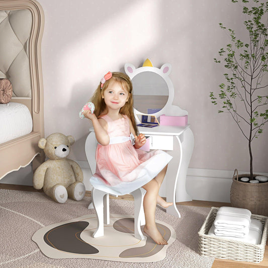 ZONEKIZ Unicorn-Design Kids Dressing Table, with Mirror and Stool - White - ALL4U RETAILER LTD