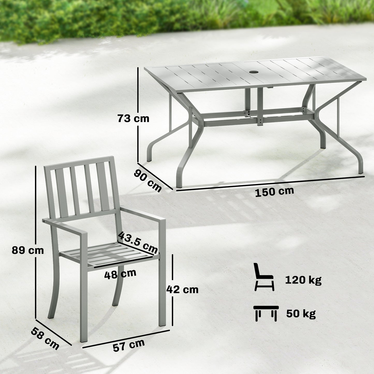 Outsunny 7 Piece Garden Table And Chairs Set With Umbrella Hole 6 Seater Outdoor Dining Set In Light Grey