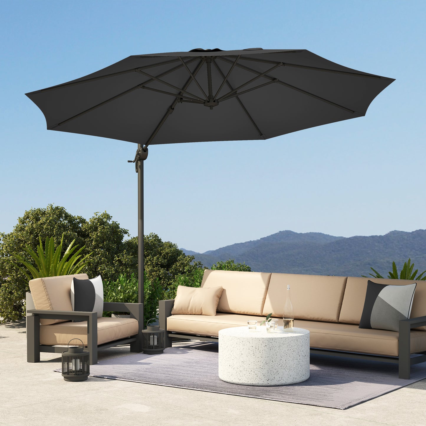 Outsunny 3x3m Overhanging Cantilever Parasol Black With Aluminium Frame 360 Degree Sideways Tilt And Multi Angle Canopy