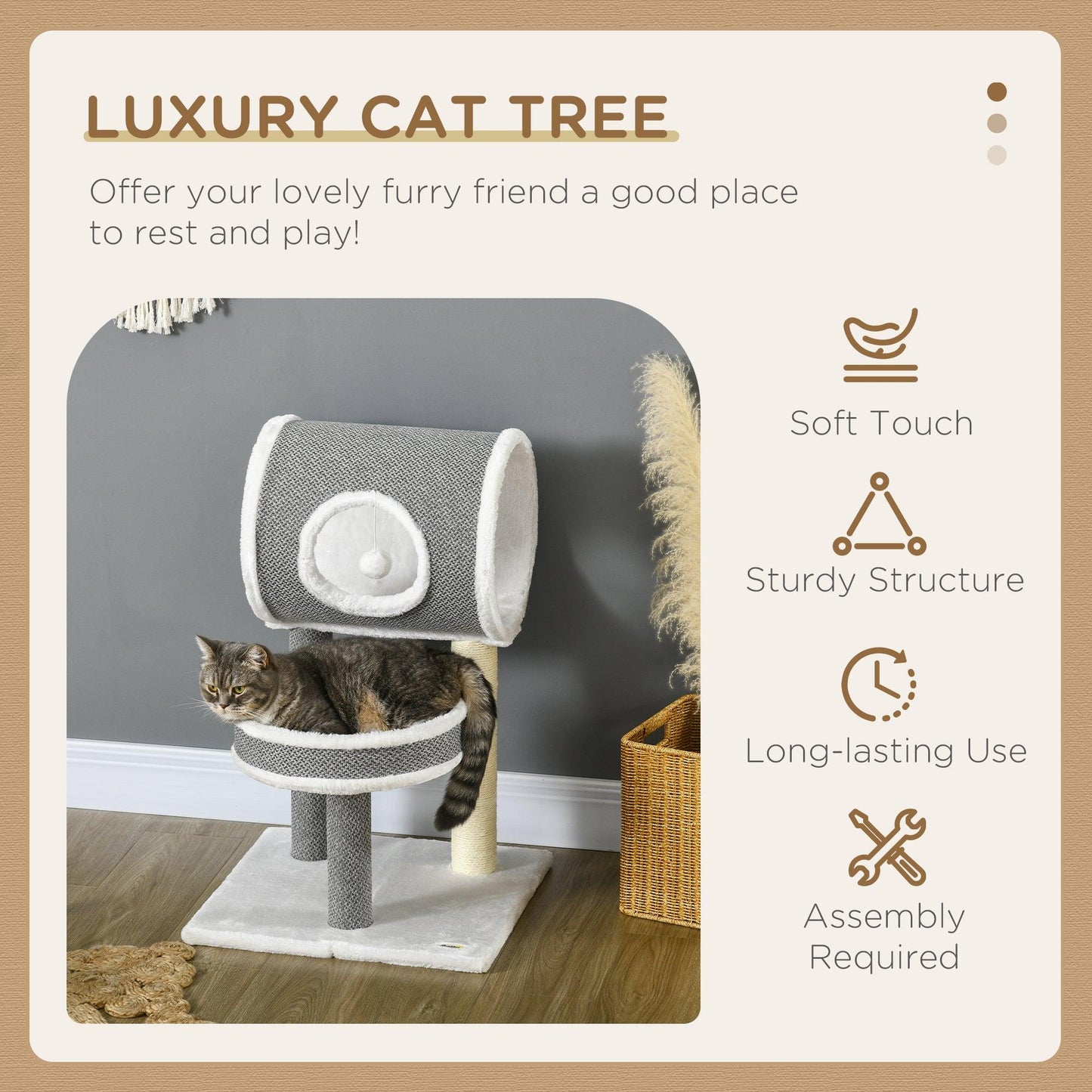 PawHut White Cat Tree with Scratching Post, Bed, Tunnel, Toy Ball - 48x48x73cm - ALL4U RETAILER LTD