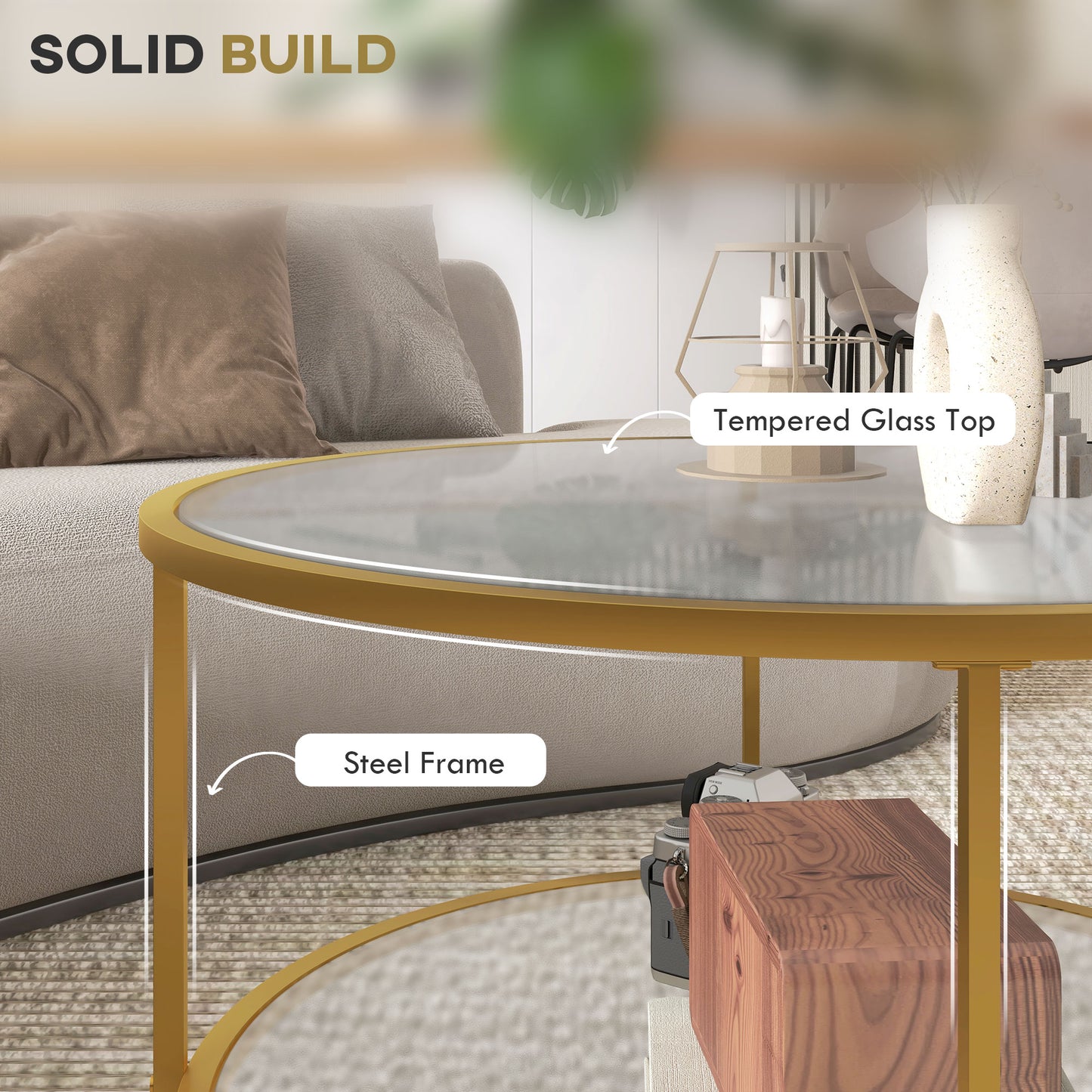 HOMCOM Round Coffee Table With Storage Two Tier Tempered Glass Shelves Gold Tone Steel Frame For Living Room