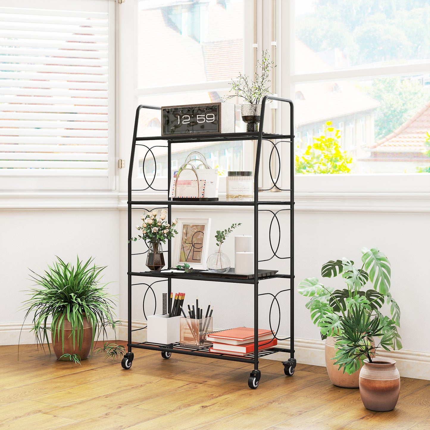 Outsunny 4-Tier Metal Plant Stand With Lockable Wheels Heavy Duty Ladder Shelf For Potted Plants