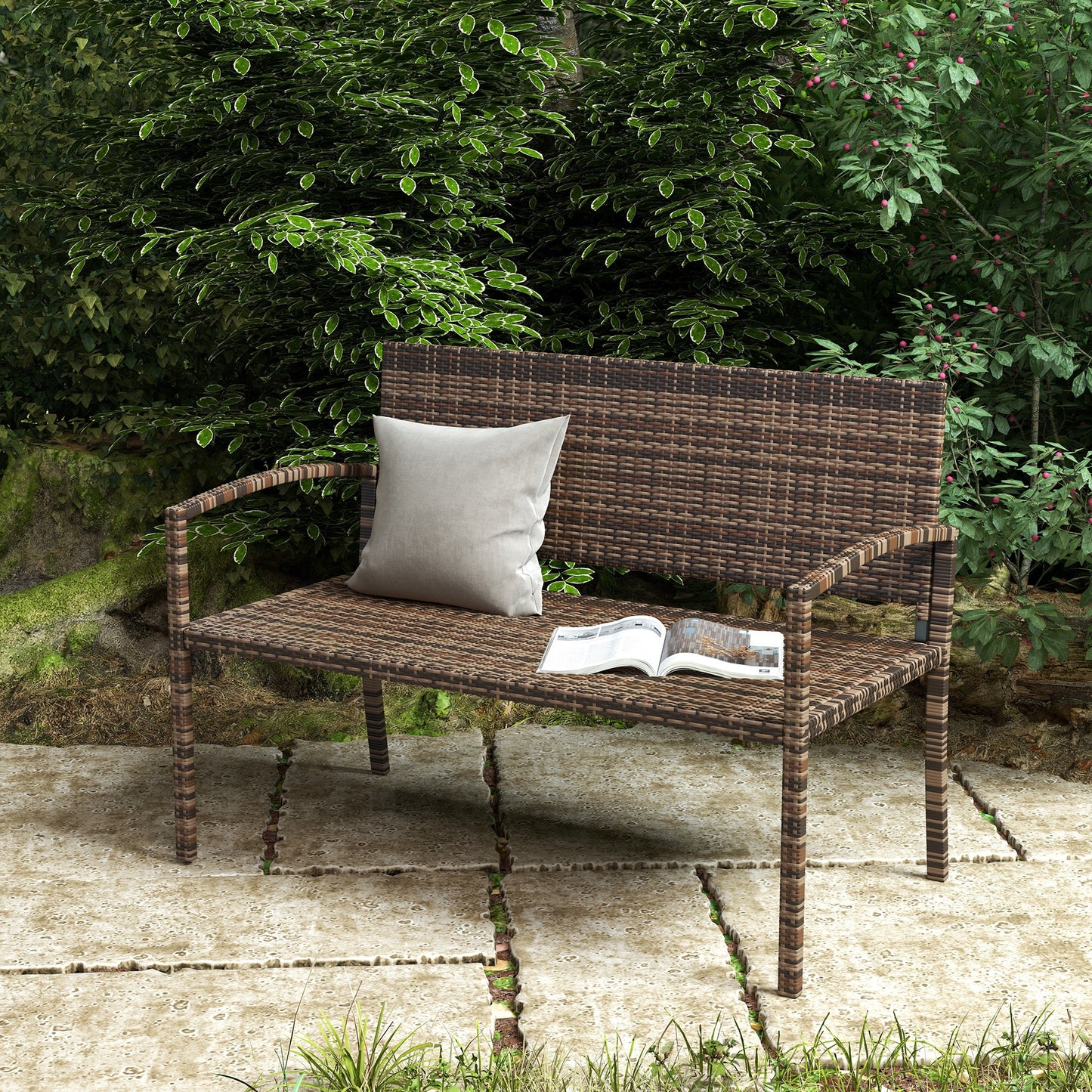 Outsunny All Weather Wicker Garden Loveseat 2 Seater Poly Rattan Garden Bench Outdoor Seating Brown