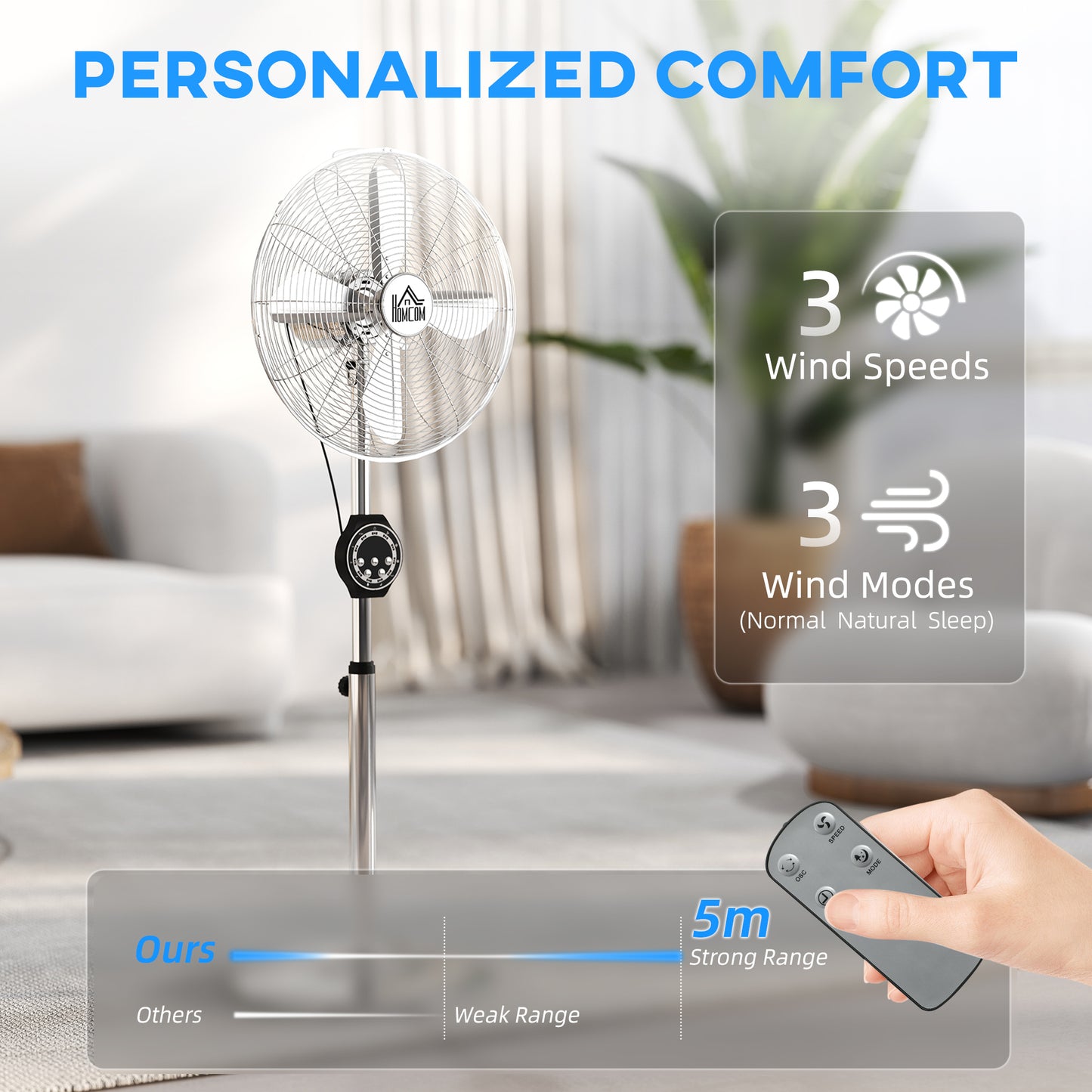 Homcom 16 Inch Metal Pedestal Fan With Auto Oscillation Adjustable Height Copper Motor And Three Speed Settings