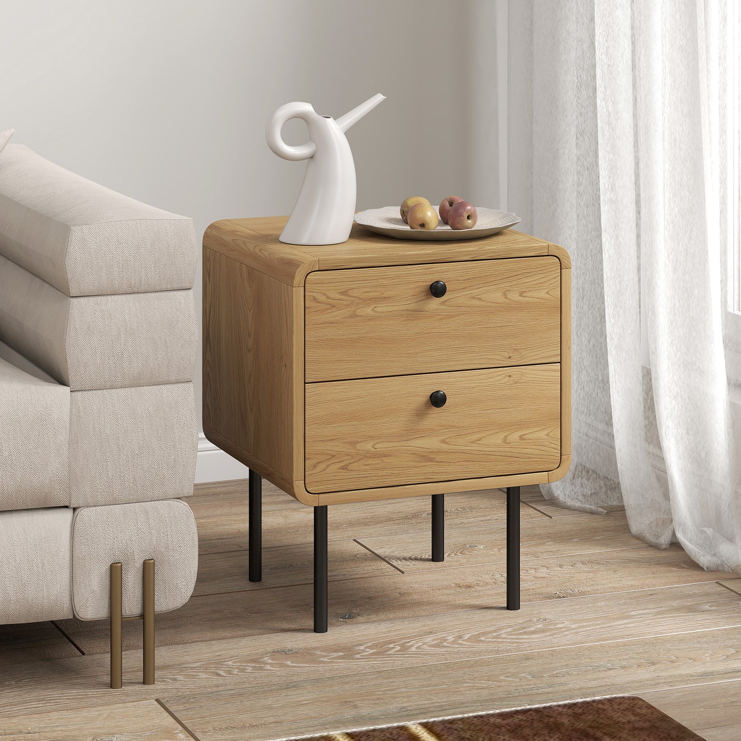 HOMCOM Bedside Table With 2 Drawers And Durable Steel Legs In Oak Finish For Modern Bedroom Storage And Organization