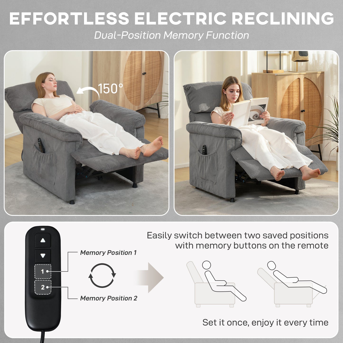 HOMCOM Corduroy Electric Massage Recliner Chair With Heat And Memory Function Grey