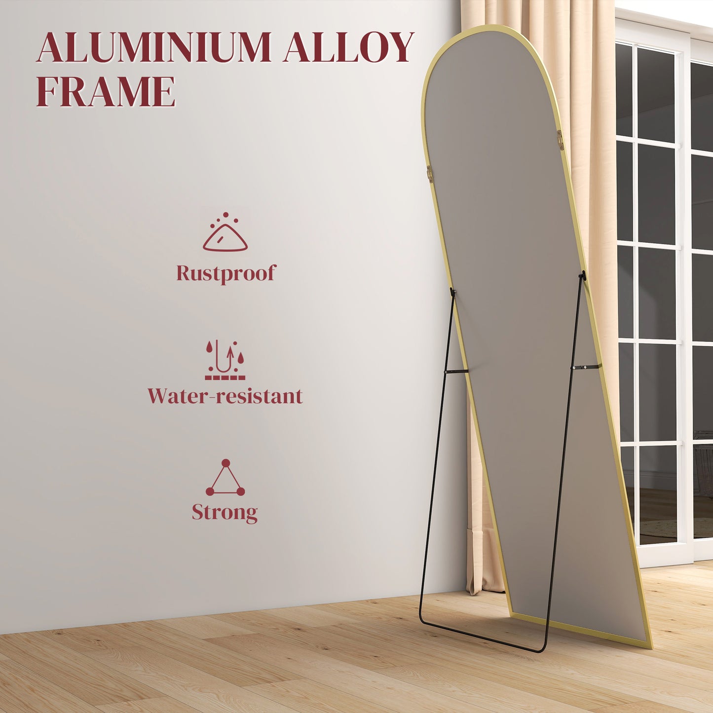 HOMCOM 165cm Aluminium Frame Standing Mirror Gold With Two Way Use And Wall Mount Option Full Length Floor Mirror